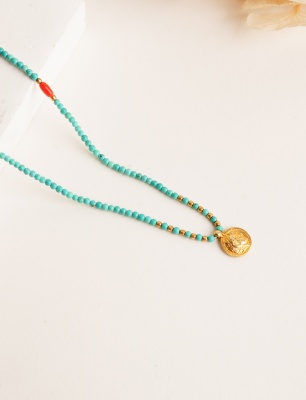 Antik Figürlü Turkuaz Taşlı Gümüş Kolye