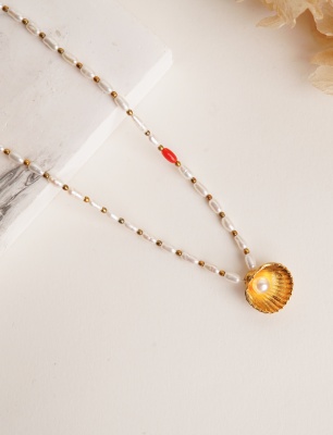 Midye Tasarım İnci Gümüş Kolye