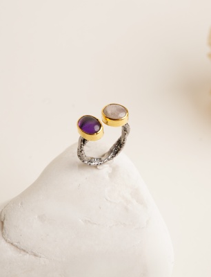 Ay Taşı ve Ametist Taşlı Gümüş Yüzük