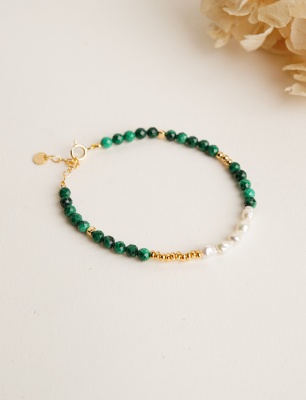 Silver Bracelet with Pearl and Malachite