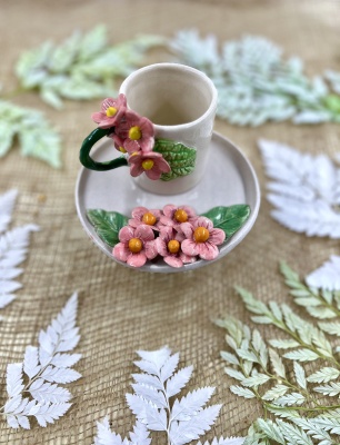 Pembe Çiçekli Espresso Fincan Set