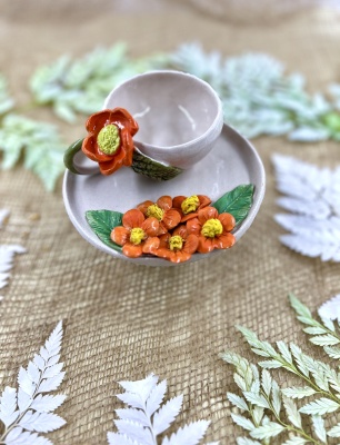 Turuncu Çiçekler Türk Kahvesi Fincan Set