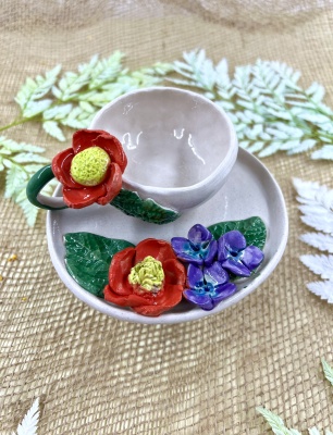 Turkish Coffee Cup Set with Red Flowers