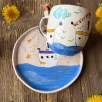 Coffee Mug Set with Ship and Sea Design