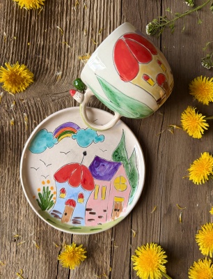 Renkli Evler Tasarım Kahve Mug Set