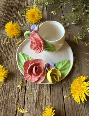 Turkish Coffee Cup Set with Pink Roses
