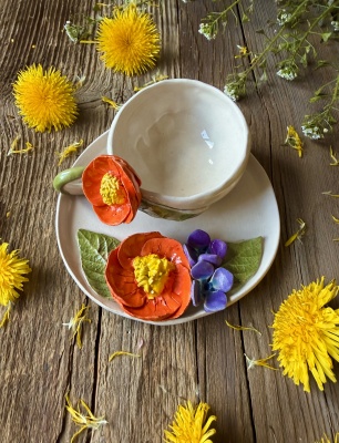 Turkish Coffee Cup Set with Orange Flower