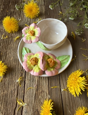 Turkish Coffee Cup Set with Pink Flower