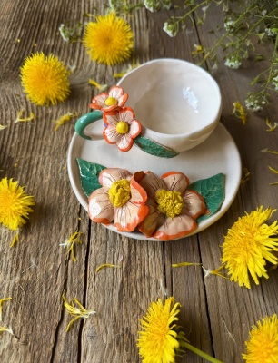Turkish Coffee Cup Set with Orange Flower