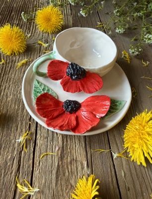 Turkish Coffee Cup Set with Big Red Flower