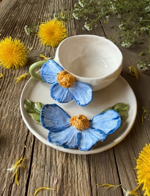 Büyük Mavi Çiçek Türk Kahvesi Fincan Set