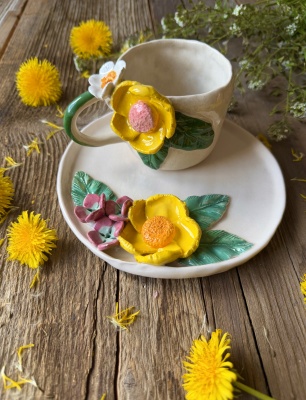 Coffee Mug Set with Yellow Flower