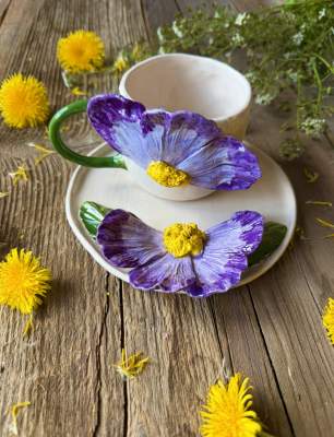 Coffee Mug Set with Big Purple Flower