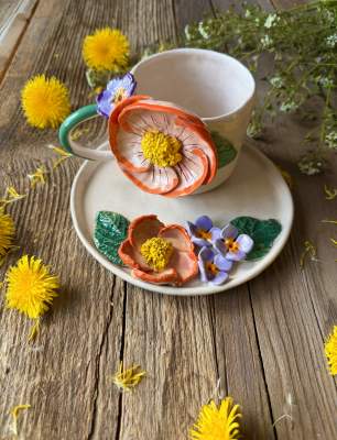 Büyük Turuncu Çiçek Kahve Mug Set