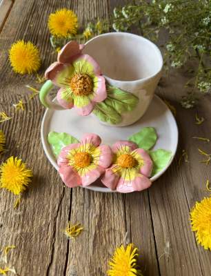 Coffee Mug Set with Pink Flower