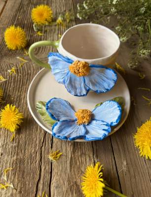 Coffee Mug Set with Big Blue Flower