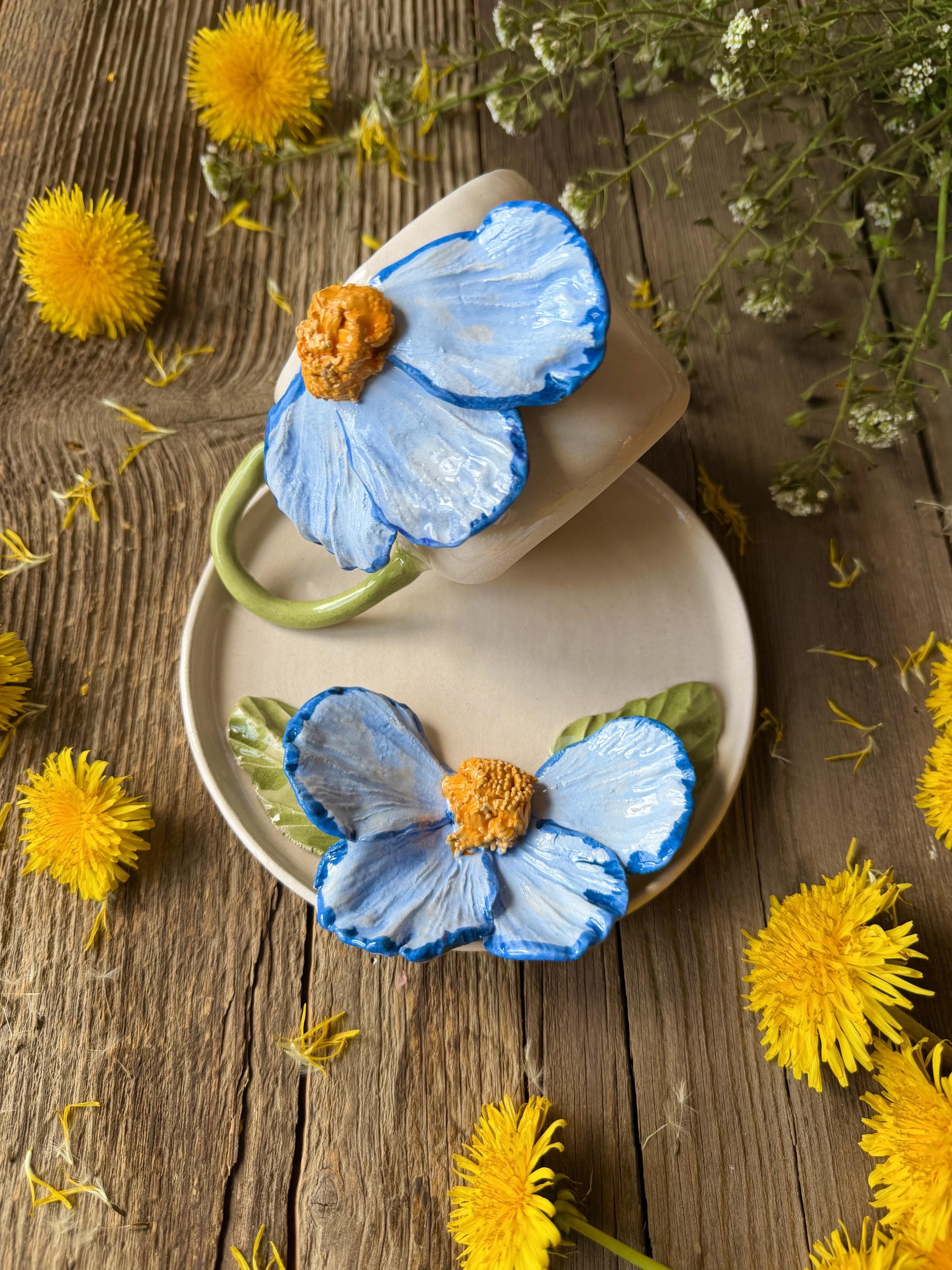 Büyük Mavi Çiçek Kahve Mug Set