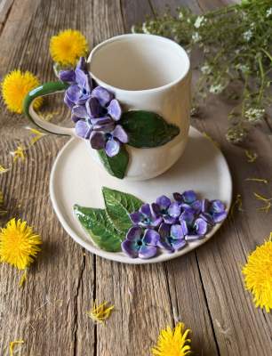 Coffee Mug Set with Purple Flowers