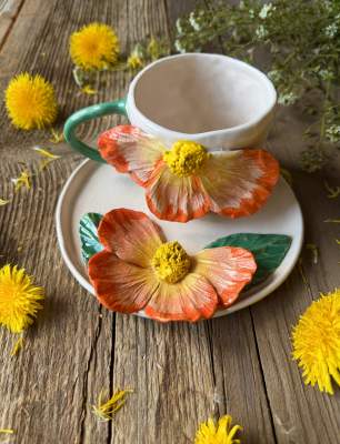 Büyük Turuncu Çiçek Kahve Mug Set