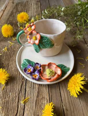 Coffee Mug Set with Colorful Flowers