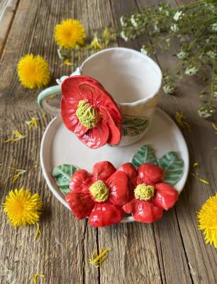 Kırmızı Çiçekli Kahve Mug Set