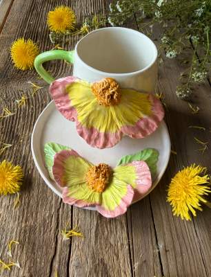 Coffee Mug Set with Yellow Pink Flower