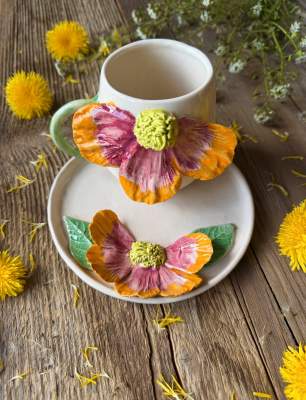 Coffee Mug Set with Orange Pink Flower