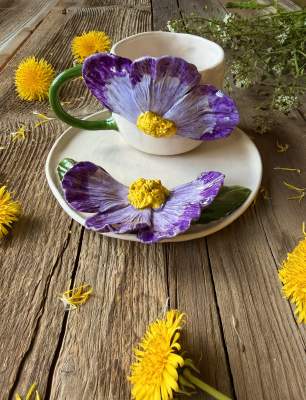 Coffee Mug Set with Big Purple Flower