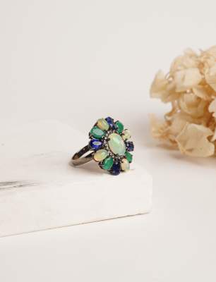 Safir, Opal, Zümrüt Taşlı Elmas Gümüş Yüzük