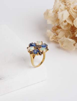 Kyanit ve Opal Taşlı Elmas Gümüş Yüzük