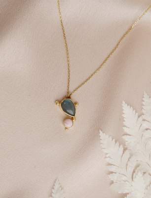 Pırlantalı Labradorit Taşlı 14K Altın Kolye