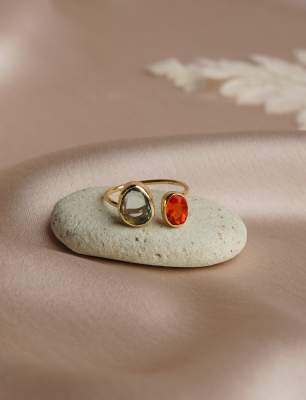14K Gold Ring with Aquamarine and Fire Opal Stones