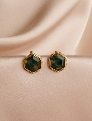 14K Gold Earrings with Moss Agate