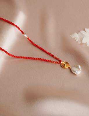 14K Gold Necklace with Coral, Pearl and Diamond