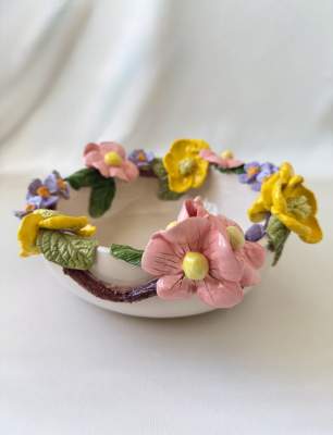 Middle Size Ceramic Bowl with Pink Flowers