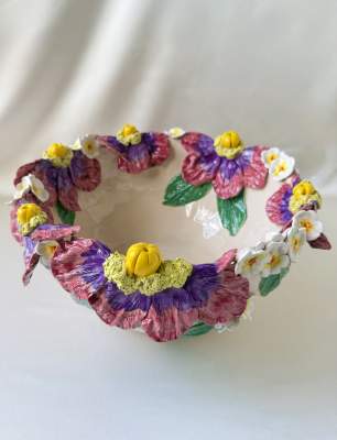 Big Size Ceramic Bowl with Big Purple Flowers