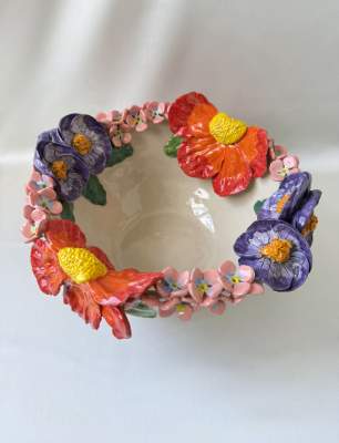 Middle Size Ceramic Bowl with Big Orange Flower