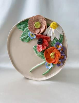Ceramic Plate with Daisy and Poppy Flowers