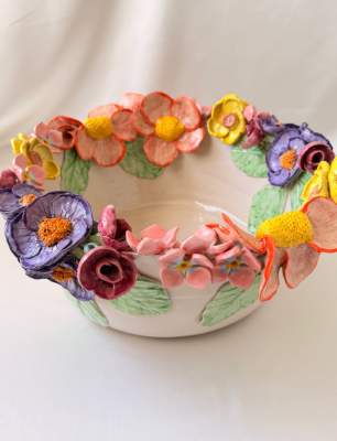 Big Size Ceramic Bowl with Pastel Color Flowers