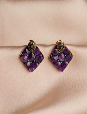 Silver Earrings with Raw Diamons, Amethyst Stone