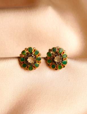 Silver Earrings with Raw Diamons, Emerald Stone